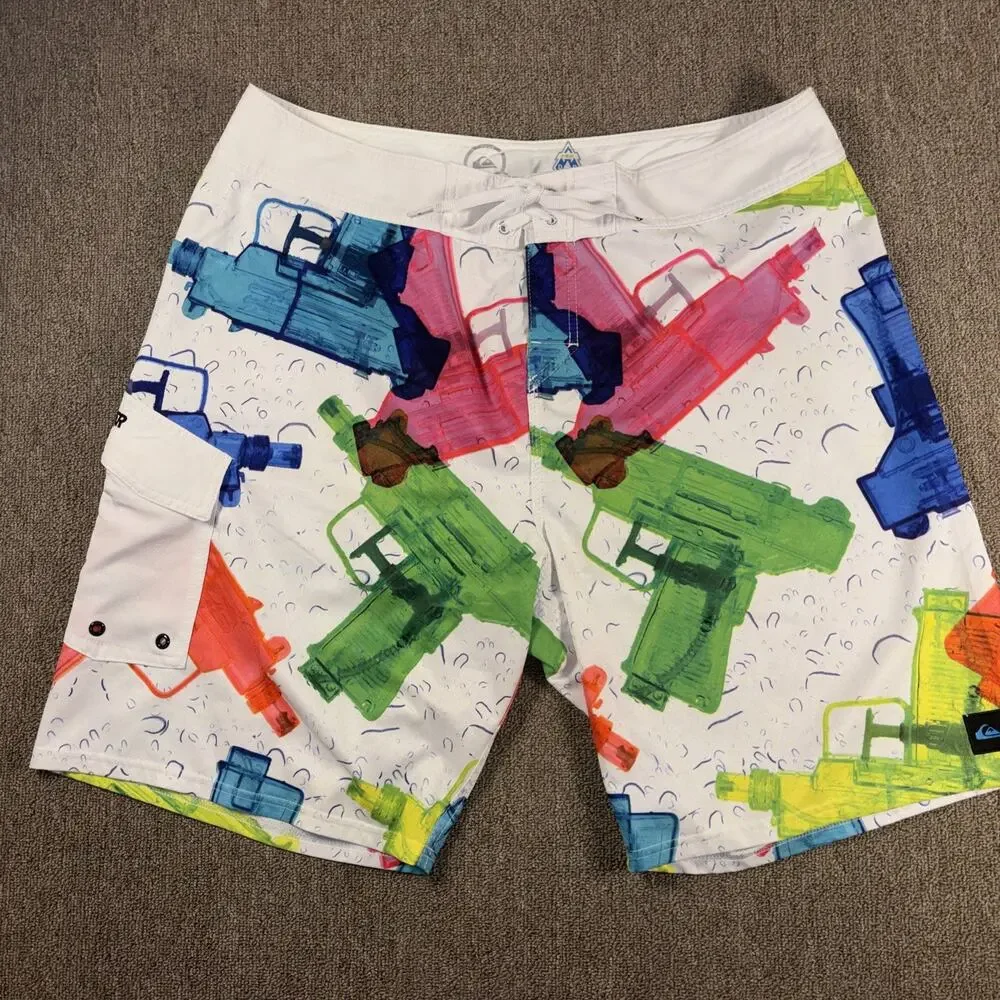 Ultra-Rare Vintage Quiksilver Water Gun Boardshorts Size 38 Abstract Colorful
